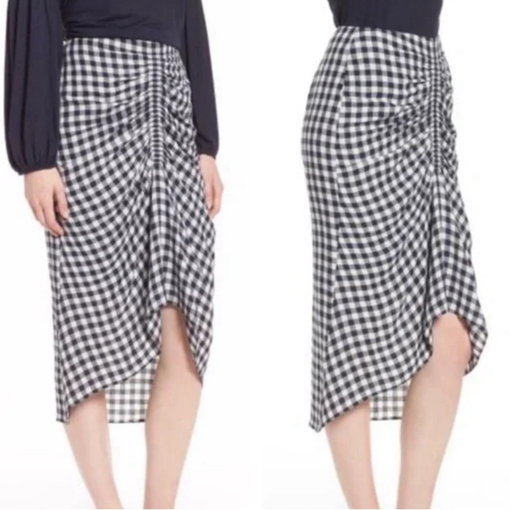 Nordstrom Signatures Navy Blue Gingham Checkered Ruched Midi Skirt